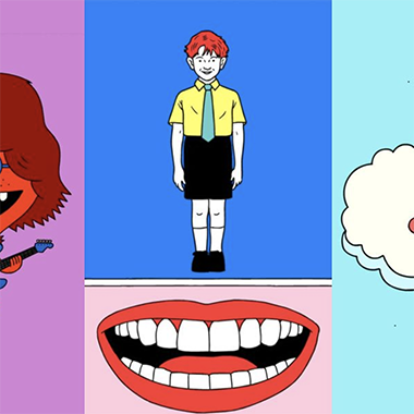 Augenblick Studios digital art of a redheaded boy with yellow shirt, blue tie and black pants on top of red pair of lips.
